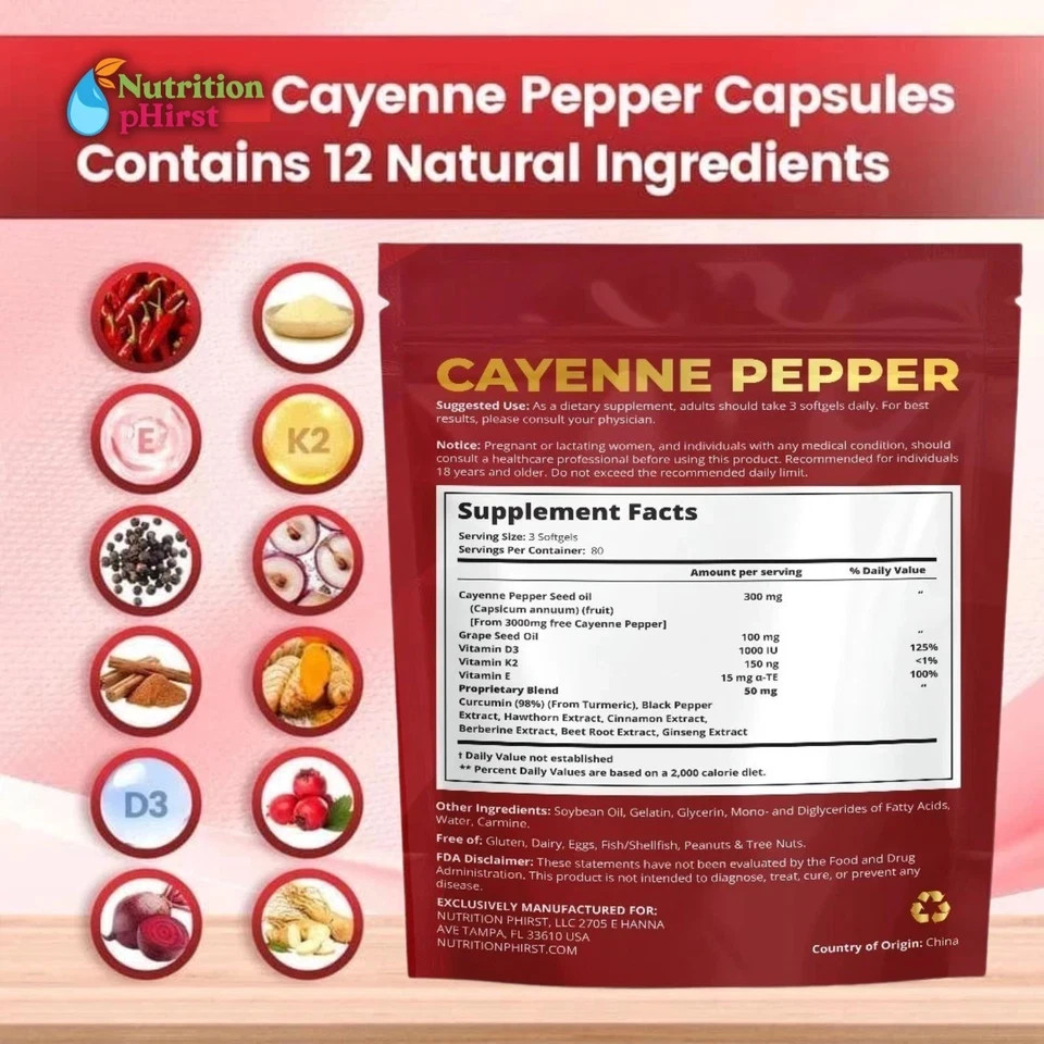 Pepper Cayenne Softgels Supplement, Supports Leg Vein, Heart and Blood Vessel