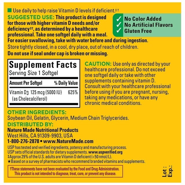 Nature Made Extra Strength Vitamin D3 5000 IU (125 mcg) Softgels, 100 Count