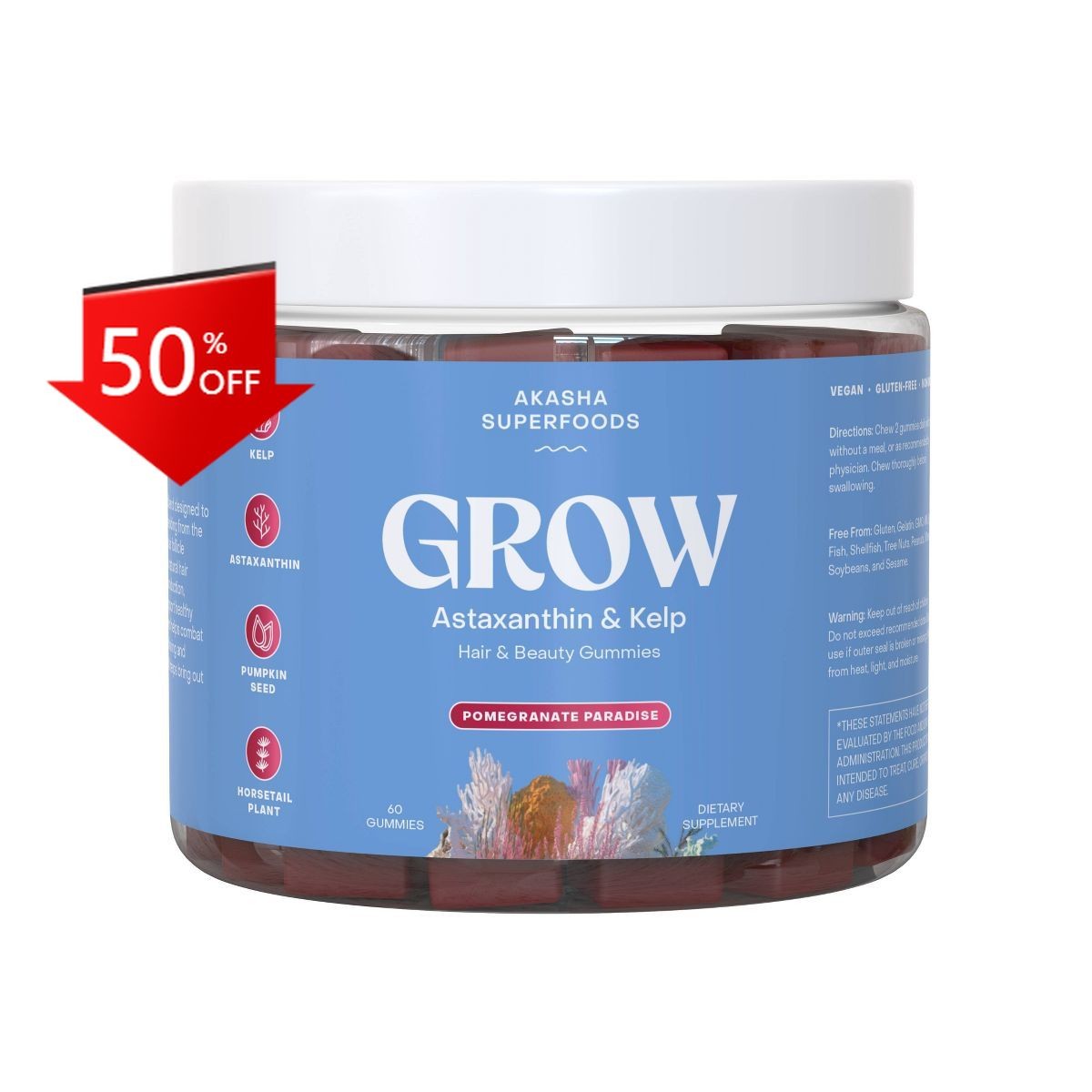 AKASHA SUPERFOODS Grow Astaxanthin & Kelp Hair & Beauty Gummies 60ct