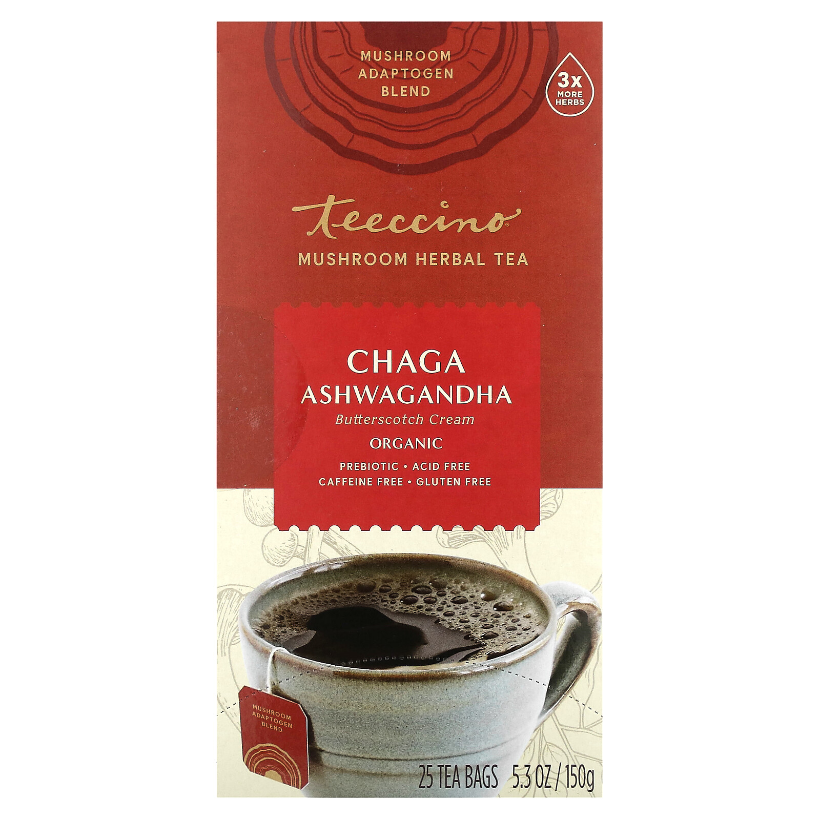 Organic Mushroom Herbal Tea, Chaga Ashwagandha, Butterscotch Cream, Caffeine