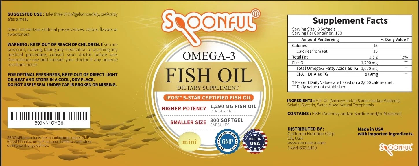 Spoonful Mini Omega 3 Fish Oil, iFOS Certified, 1290 mg Per Serving, 300 Soft…