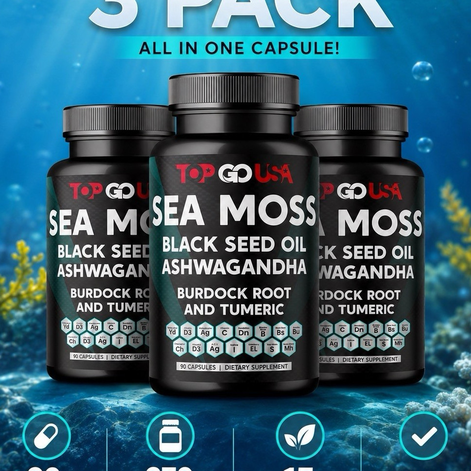 3 Pack Sea Moss Black Seed Oil Ashwagandha Burdock Root Turmeric 270 Capsule