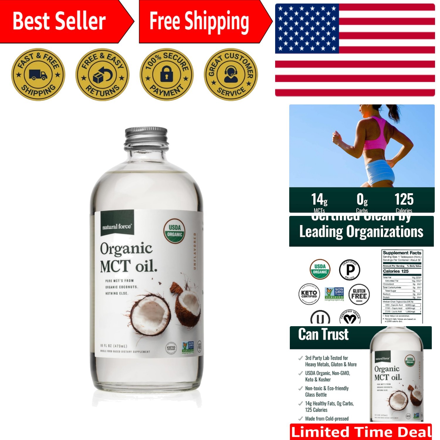 Certified Organic MCT Oil – Lab Tested for Purity, 16 Ounce Glass Bottle