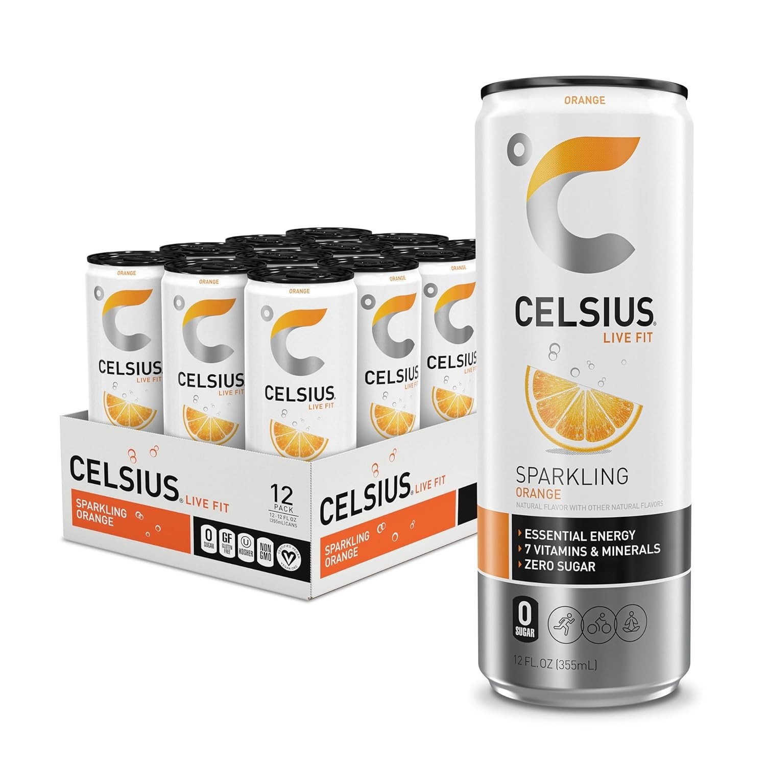 CELSIUS Sparkling Orange, Functional Essential Energy Drink 12 Fl Oz (12 Pack)