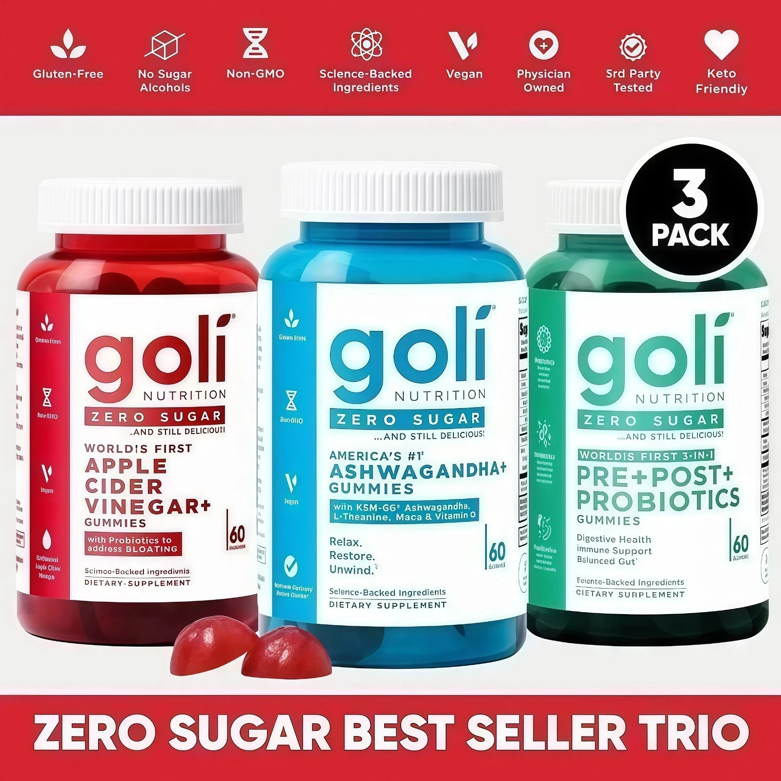 Goli Zero Sugar 2026 Trio – 3 Flavors, 3 x 60 Gummies