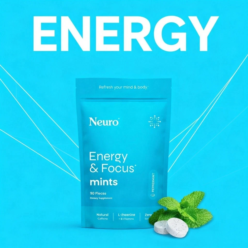Neuro Energy & Focus mints Energy Supplement with L-Theanine & VB 90ct