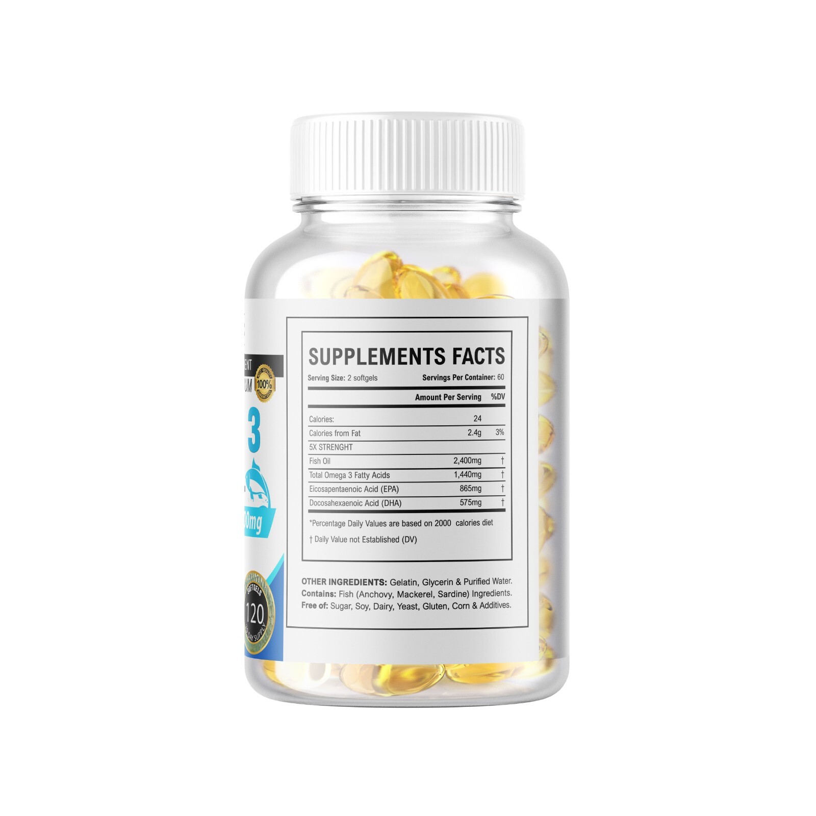 Omega 3 Fish Oil Softgels 3x Strength 2400mg EPA & DHA, Highest Potency 1 bottle