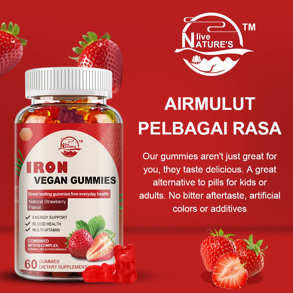 Iron Gummies Supplement Vegan with Vitamin C B12 B6 Zinc Energy Support Daily