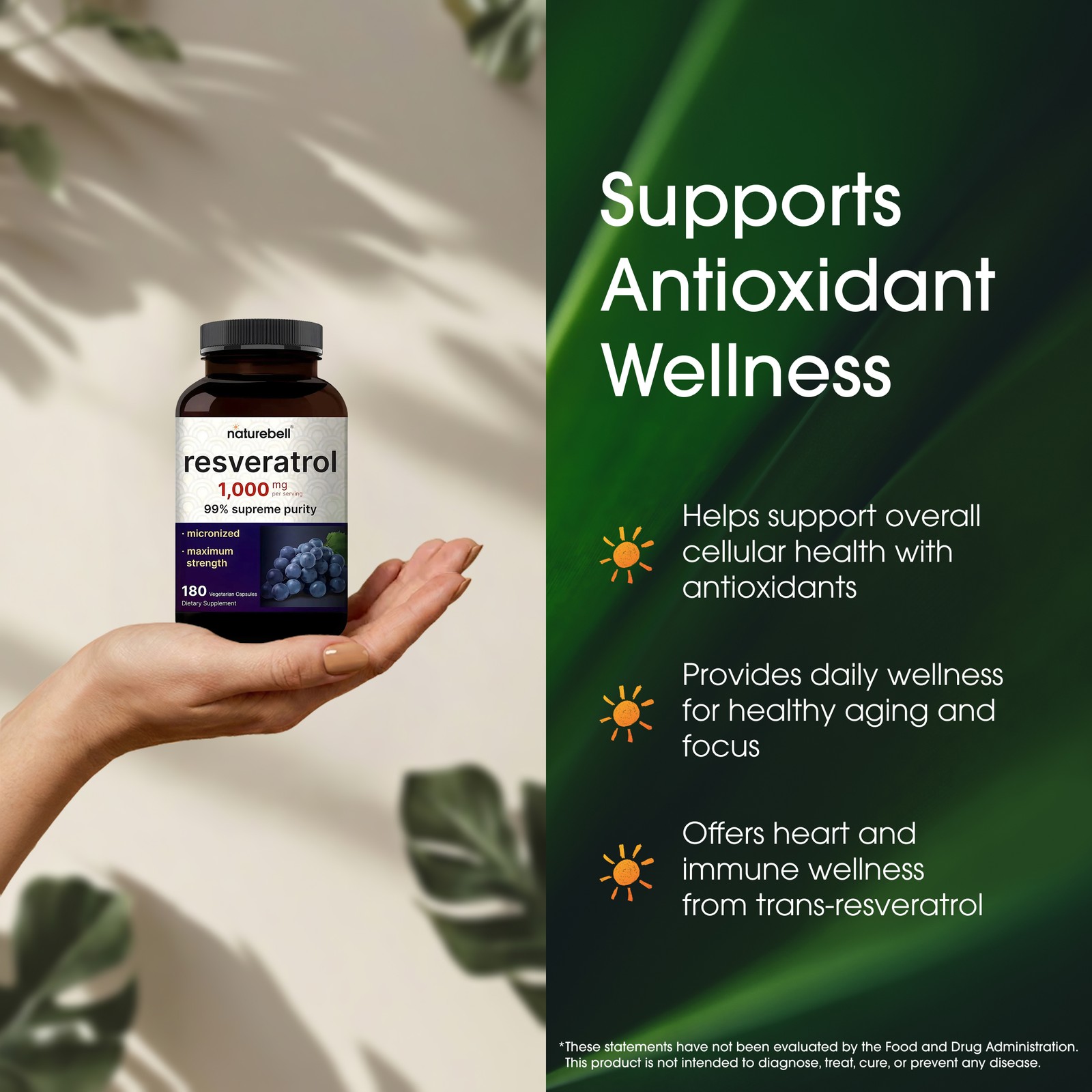 NatureBell Resveratrol 1000mg 180 Veg Capsules Antioxidant – 60 Servings