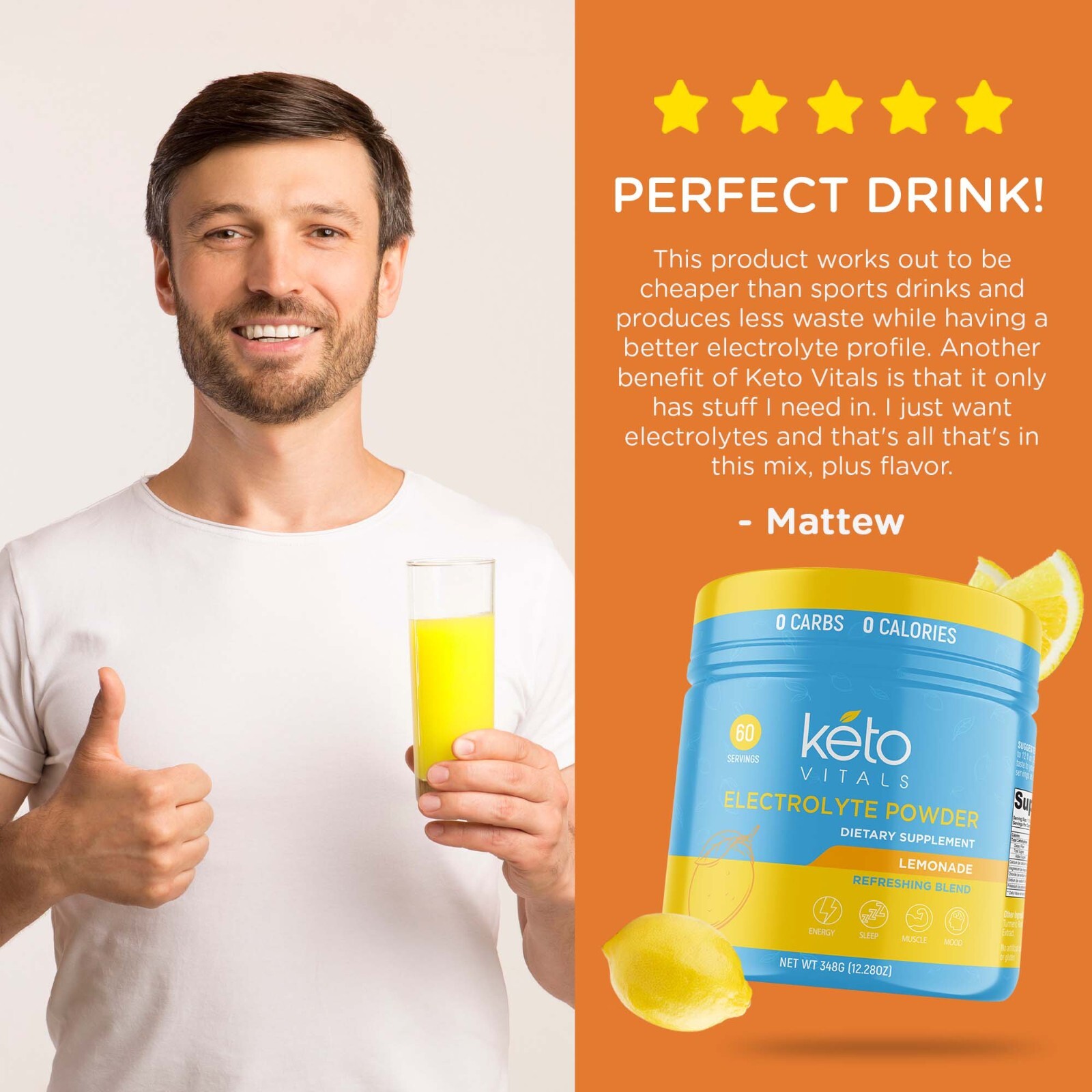 Keto Vitals Electrolyte Powder Supplement Energy Drink Mix Tub Lemonade