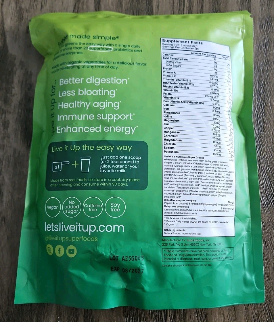 LIVE IT UP Super Greens 30 day Supply. New – Sealed 8.54 oz. Exp 8/27