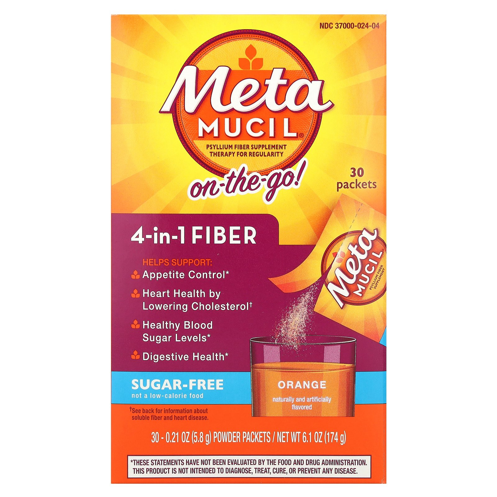 On-The-Go, 4-in-1 Fiber, Orange, Sugar Free, 30 Powder Packets, 0.21 oz (5.8 g)