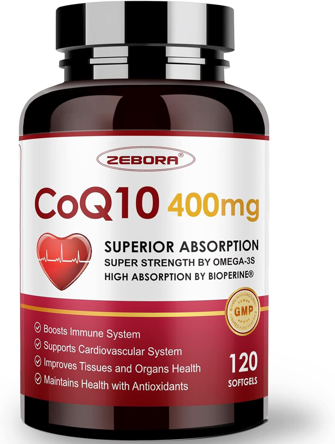 Zebora CoQ10 400Mg with PQQ Bioperine Omega-3 120 Softgels Heart Health