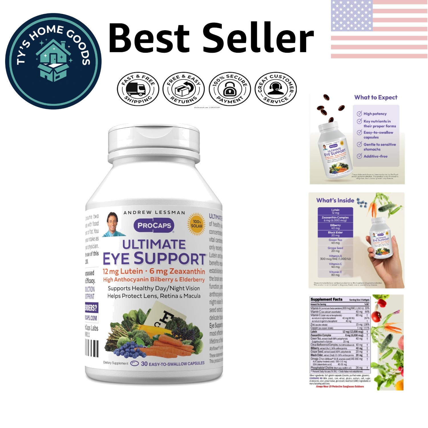 Comprehensive Eye Health Formula – 30 Dairy-Free Softgels with Lutein & Bilberry