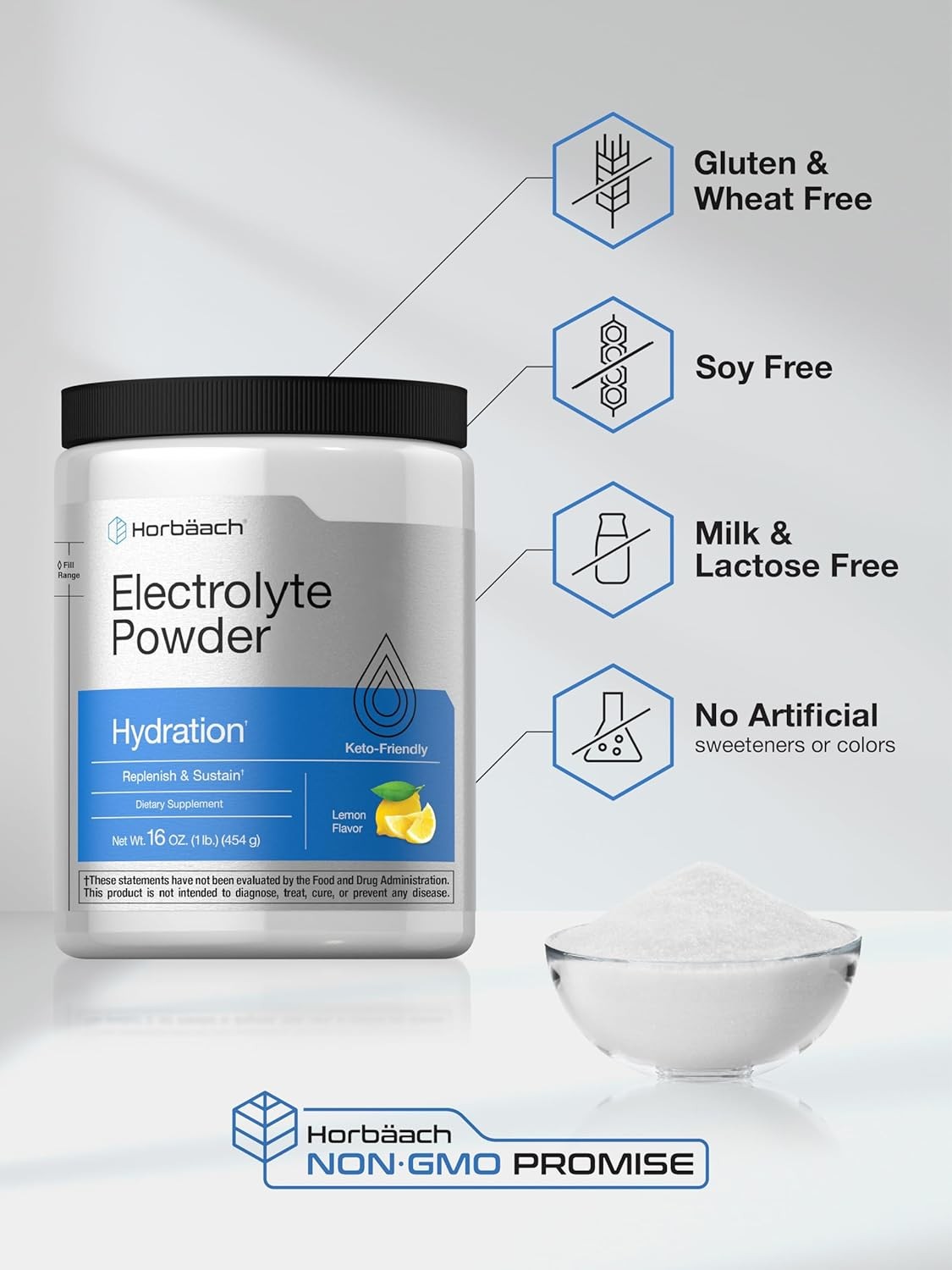 Electrolyte Powder | 16 oz | Hydration Supplement | Lemon Flavor | by Horbaach