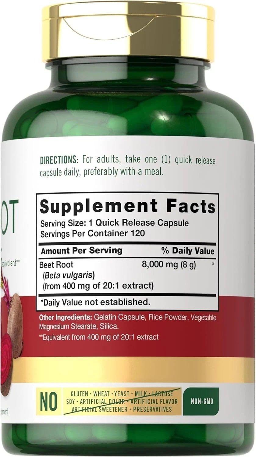 USDA Organic Extra Strength Beet Root 20:1 Extract 8000 mg Strength 120 Capsules