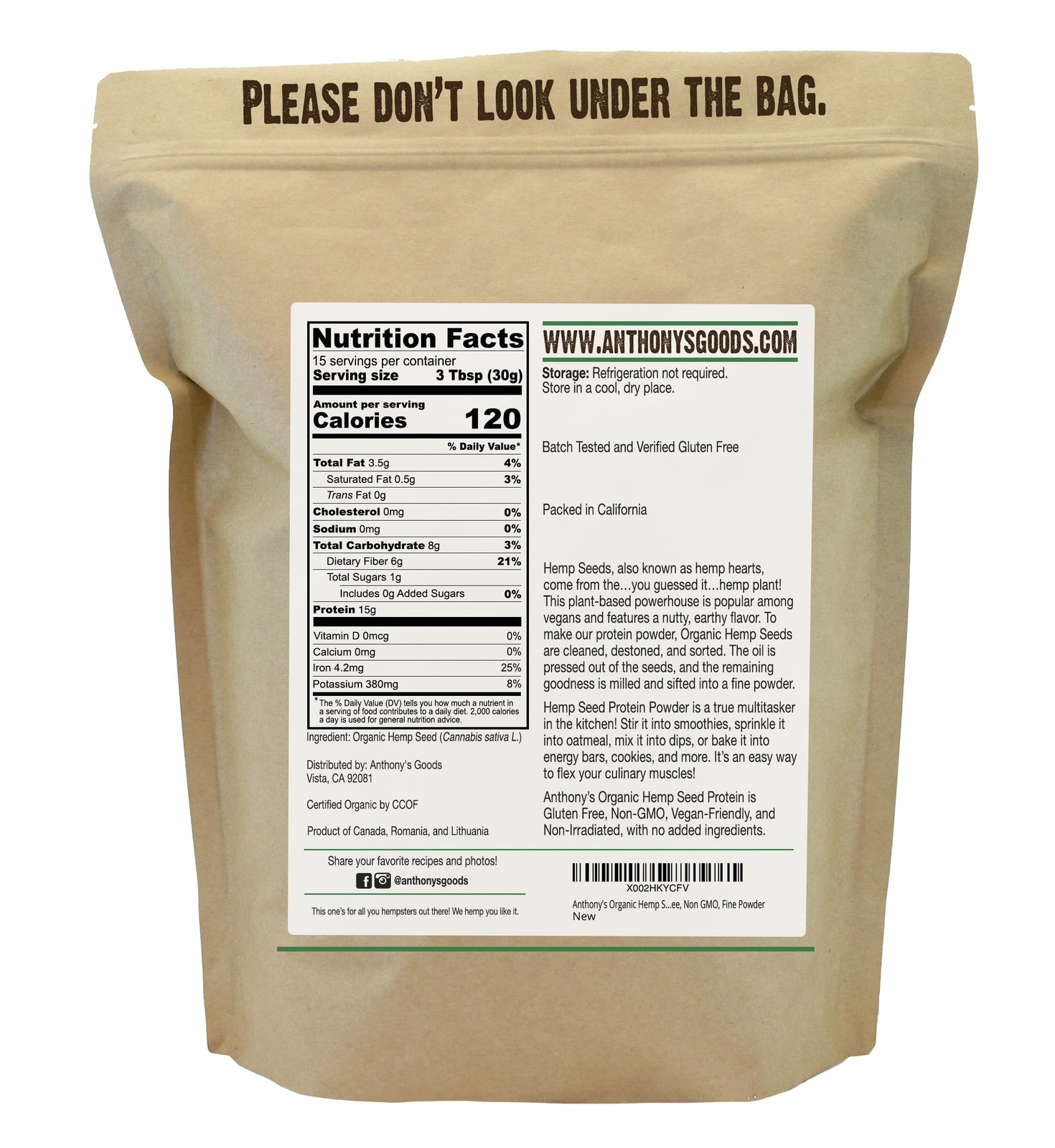 Anthony’s Organic Hemp Seed Protein Powder, 1 lb, Cold 1 Pound (Pack of 1)
