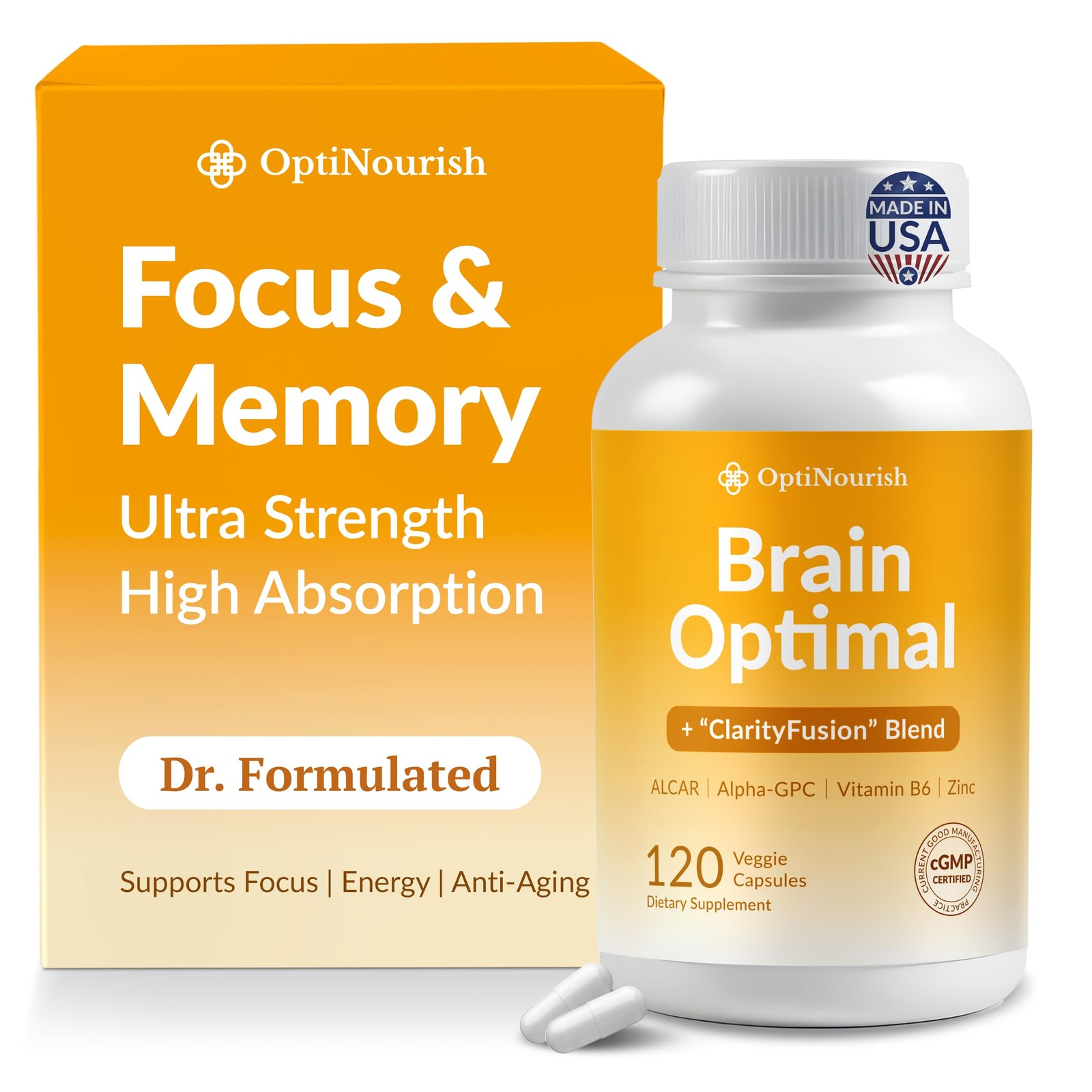 Brain Supplement 120 Caps for Memory and Focus – Cognitive Support, Caffeine
