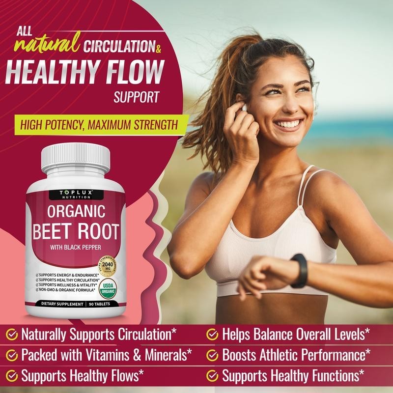Toplux Organic Beet Root Tablets – Nitric Oxide Booster Beetroot Vitamins Supple