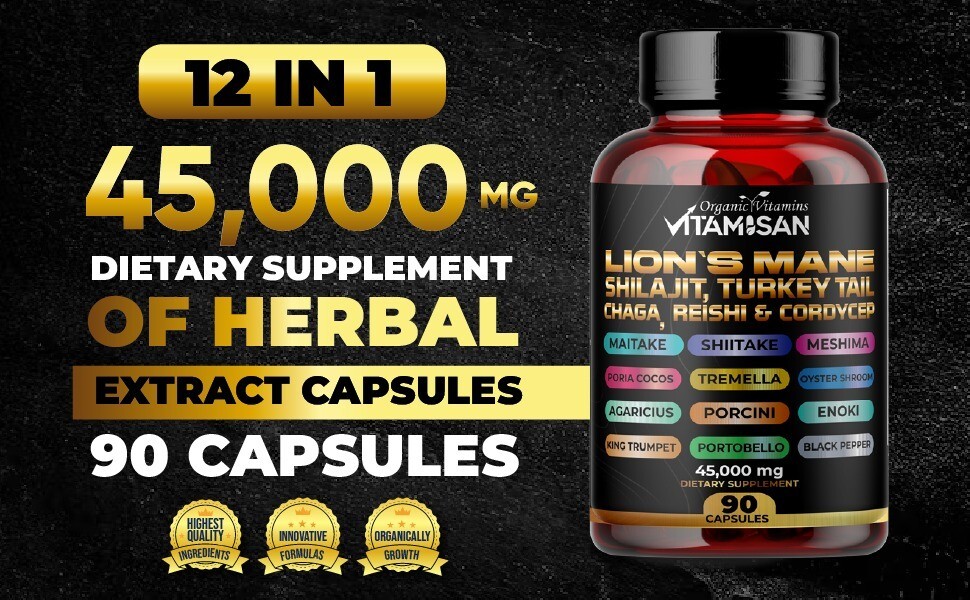 Mushroom Complex Supplement Capsules 18 Mushrooms Lions Mane, Reishi, Chaga,Shil