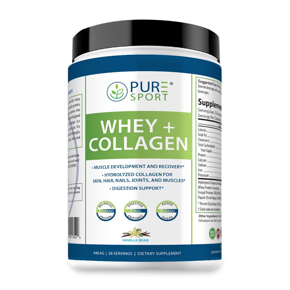 PURE Sport Whey Protein + Collagen Powder (27g of Protein 28 servings 2 Flavors)