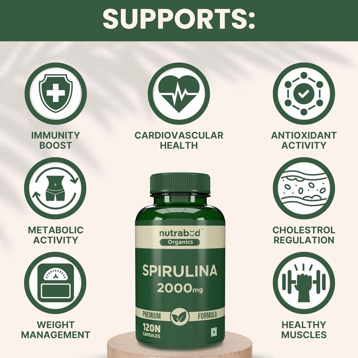 Nutrabud Organics Spirulina Capsule 2000mg per Serving 120 Veg Capsules j111