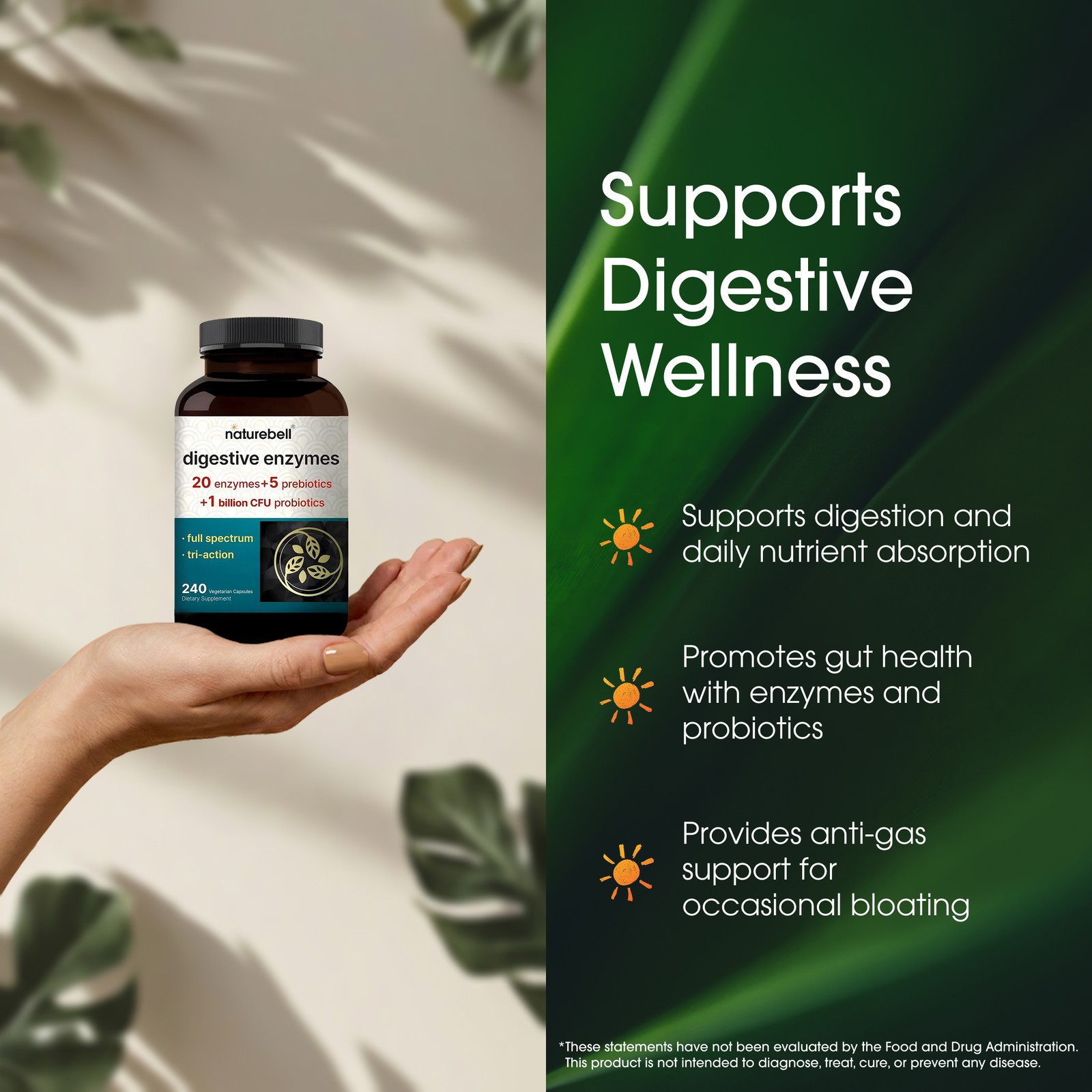 NatureBell Digestive Enzymes 240 Capsules Probiotic Blend – 120 Servings