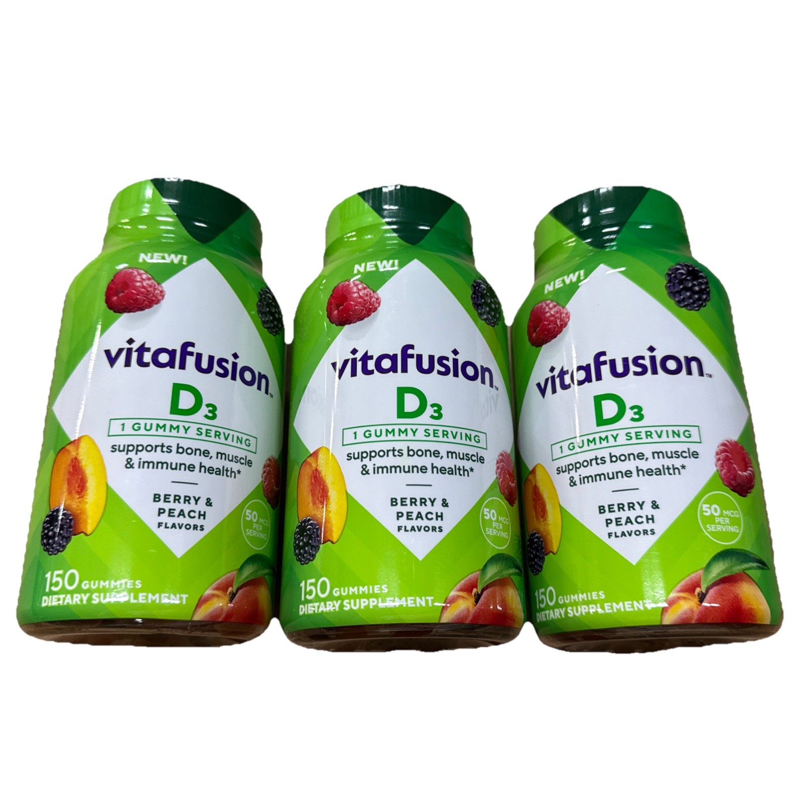 Vitafusion D3  Gummies 50 MCG Berry Peach Flavor 150 Count, March 2027, 3 Pack