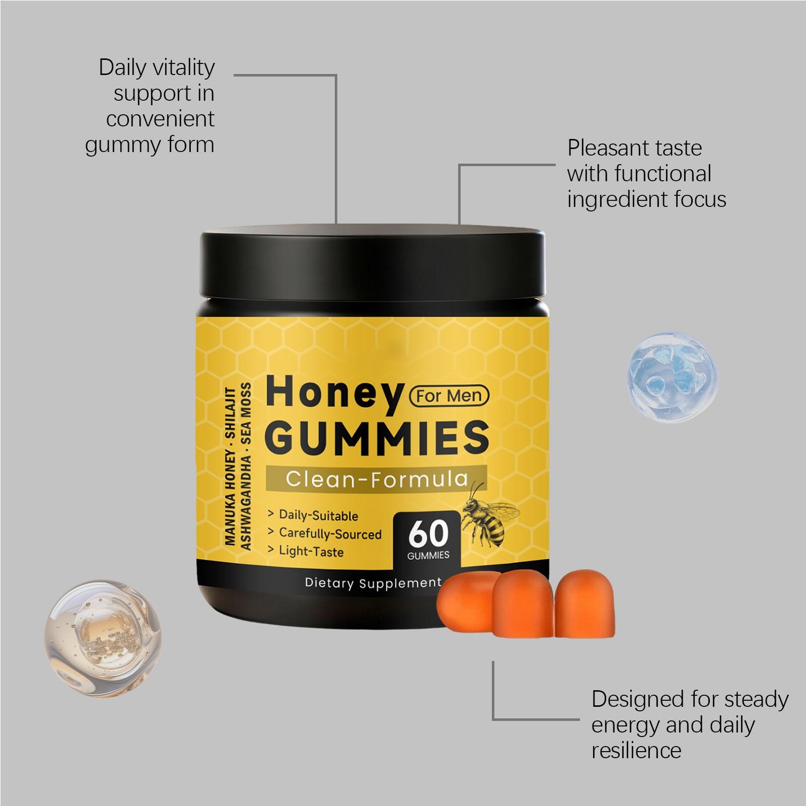 Gummies Honey For Men Vitality Booster Manuka Honey Gummies 60 Counts (1-3 PACK)