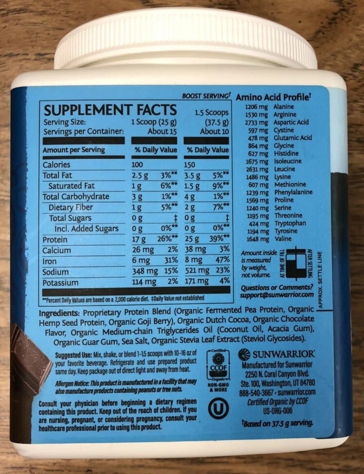 Sunwarrior Organic Plant Protein Powder Chocolate Flavor 13.2 oz
