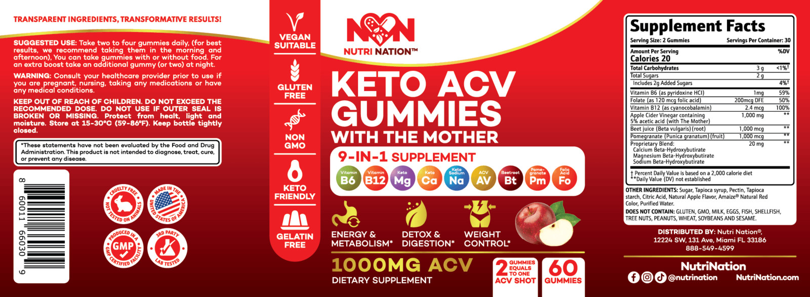 Nutri Nation Keto ACV Gummies 1000mg with the 3 BHB Salts Buy 3 get 2 Free