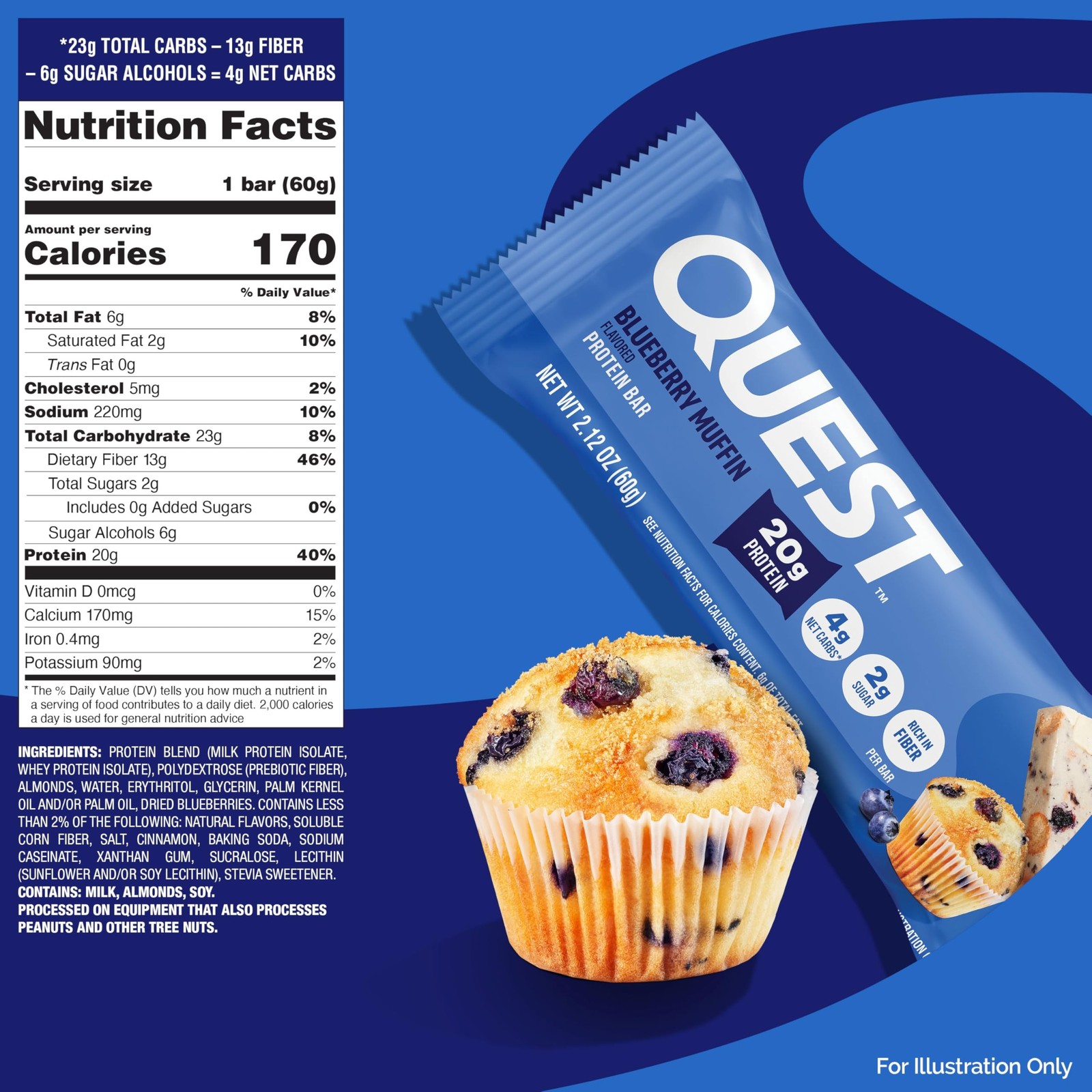 Quest Nutrition Blueberry Muffin Protein Bars, 20g Protein, 2g Sugar, 5g Net …