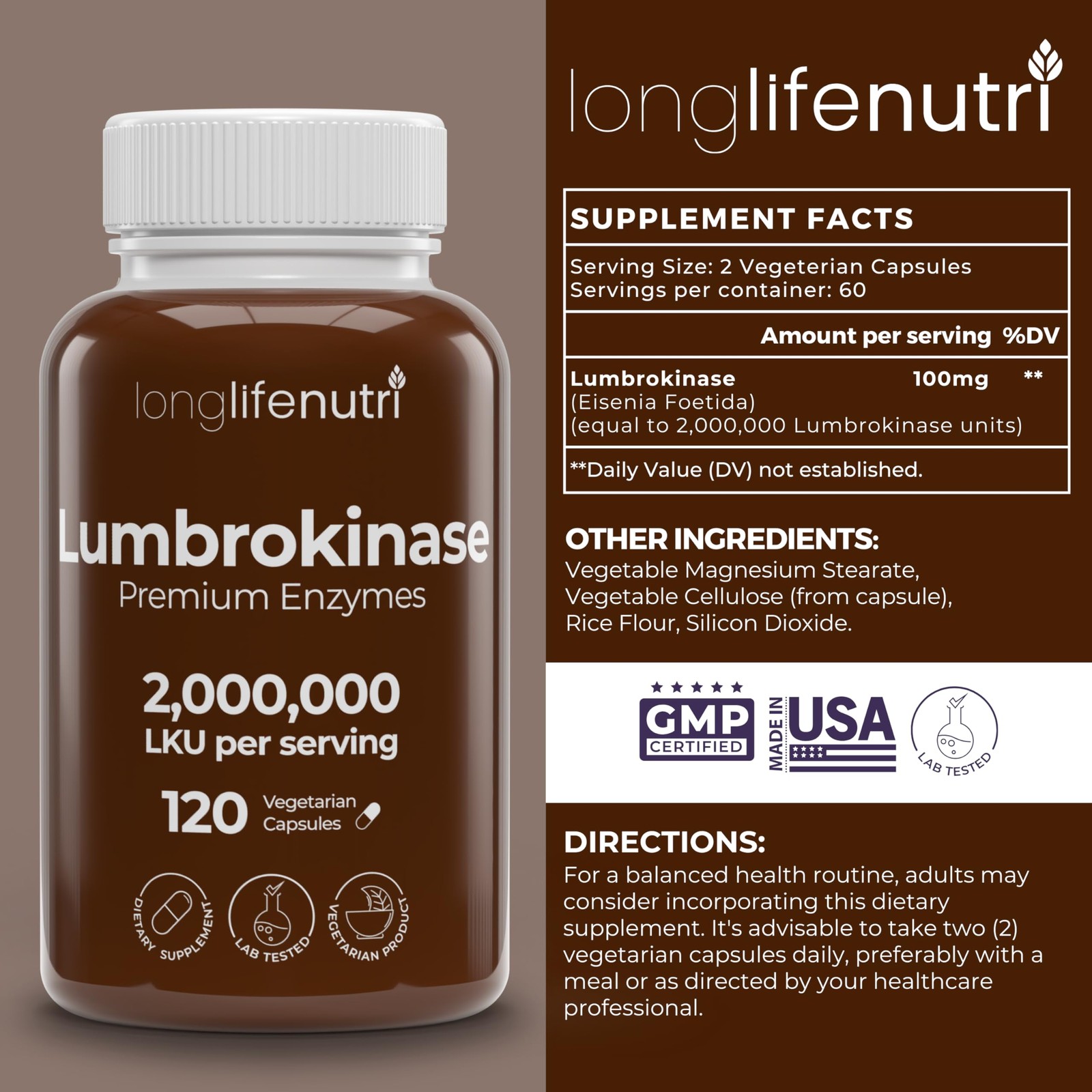 LongLifeNutri Lumbrokinase 100mg – Maximum Activity 2000000 Units Per Serving…