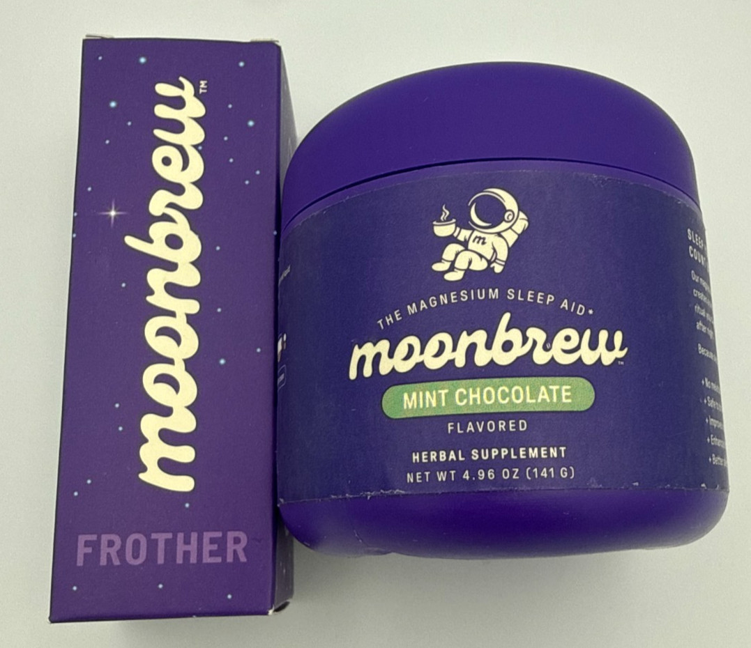 MoonBrew Magnesium Herbal Blend Mint Chocolate 4.96oz Powder + Frother Exp 10/27