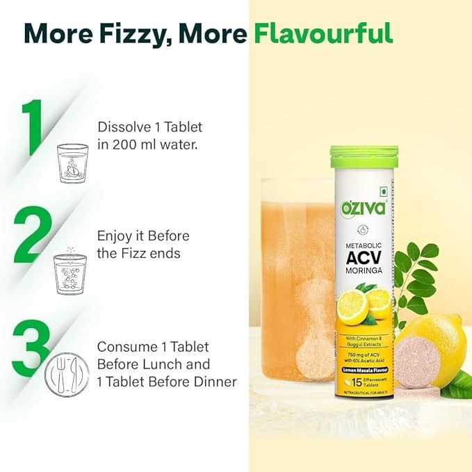 OZiva ACV Moringa Tablets Effervescent Lemon Masala 120 Tablets Free shipping