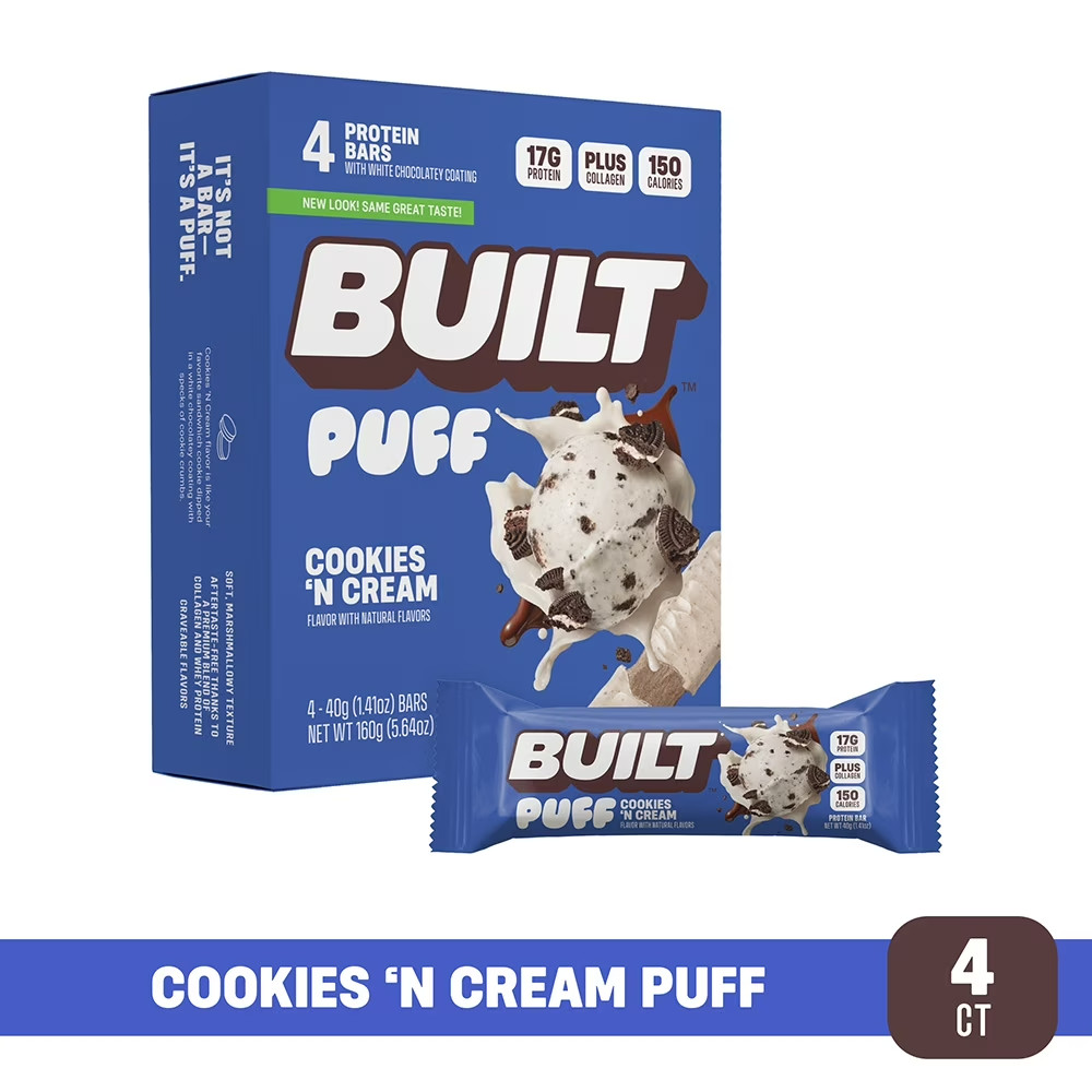 BUILT Puff Protein Bar Cookies N Cream 17g Protein Collagen 150 Calories 4Counts