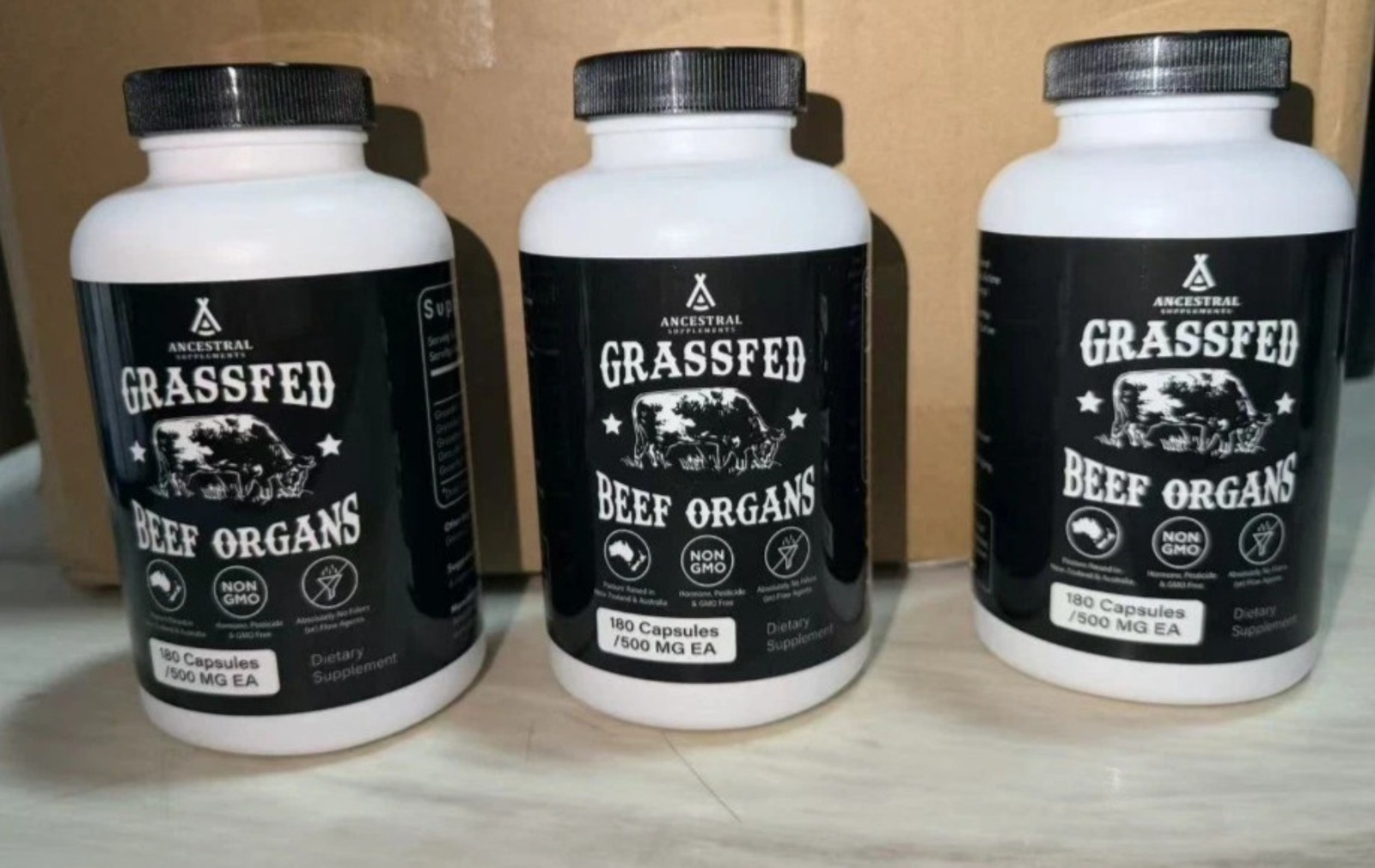180 Capsules Ancestral Supplements Grass Fed Beef Organ Supplement-3 bottles