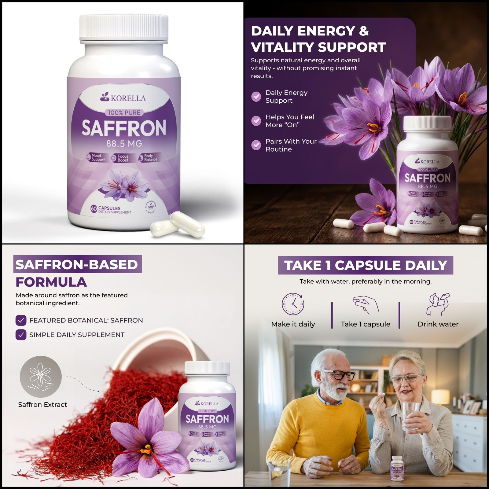 KORELLA Saffron Supplement 88.5 mg Pure Saffron Extract Capsules 60 Count
