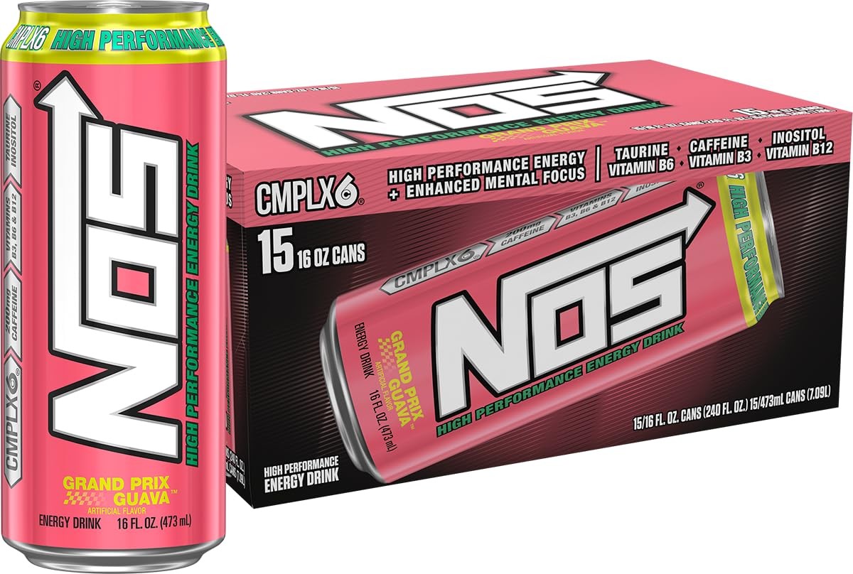 NOS Grand Prix Guava High Performance Energy Drink. 16 Fl oz Pack of 15