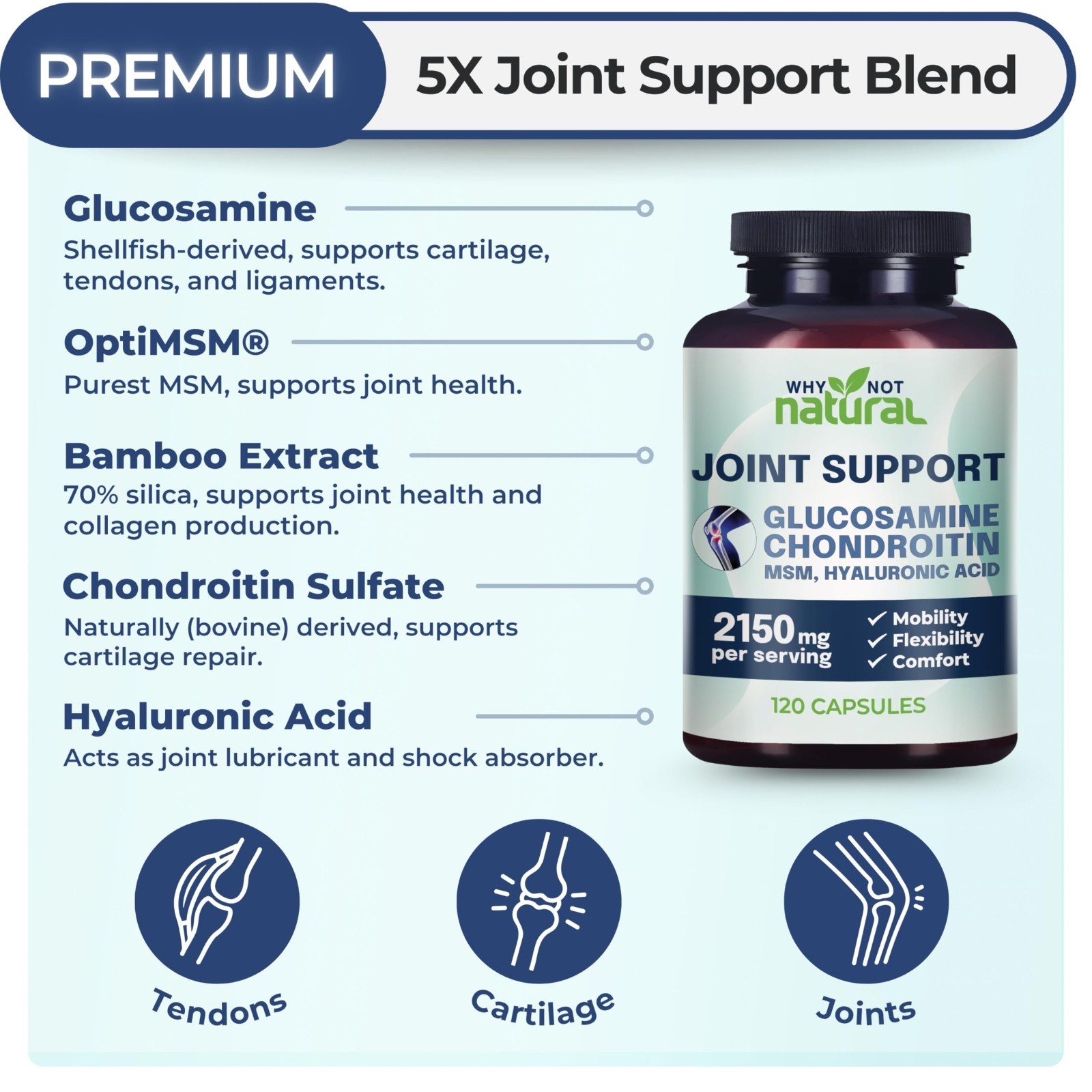 Natural Glucosamine Chondroitin MSM Joint Support for Knee Pain Relief & Health