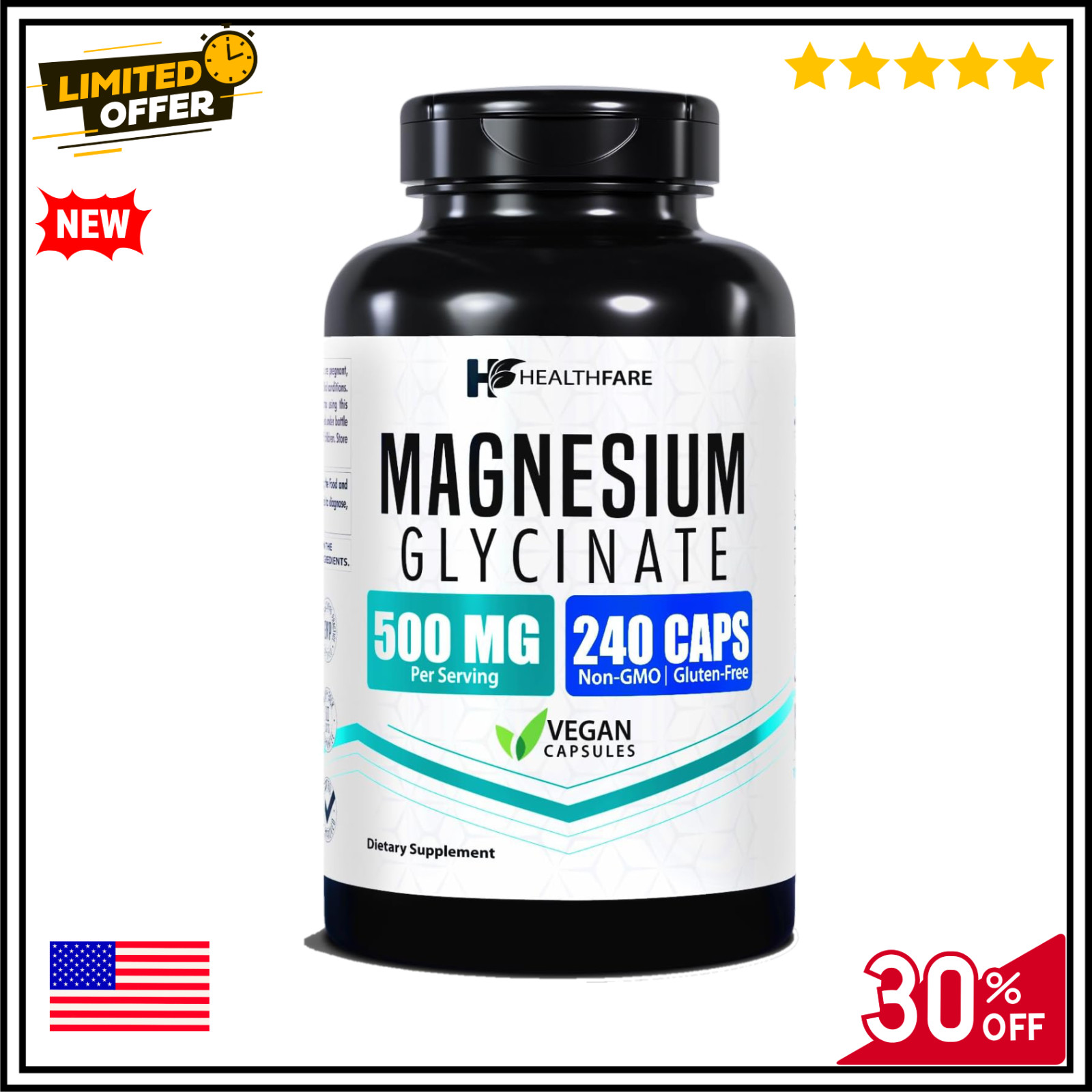 HealthFare Magnesium Glycinate 500mg | 240 Veg Capsules | High-Absorption
