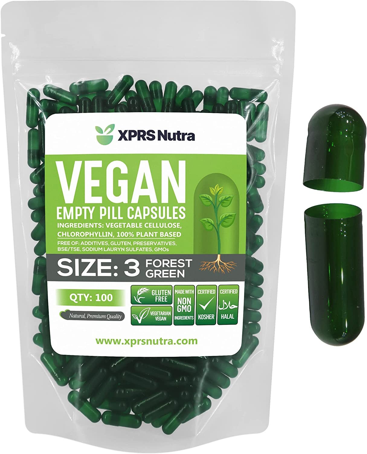 Size 3 Forest Green Empty Vegan Capsules Kosher Pill Vegetable Veggie Veg Caps