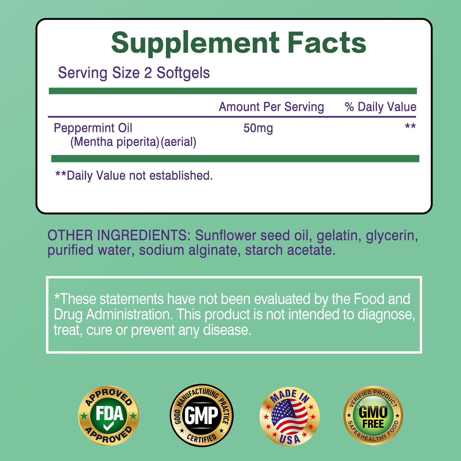 Peppermint Oil Softgels 50mg-Natural Digestive Support Relieves Gas Bloating&IBS