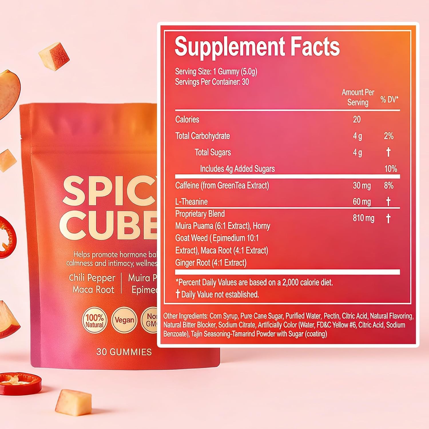 Hot Peach Chili Gummies containing Maca Root, Count Candy Cubes, 30 Vegan