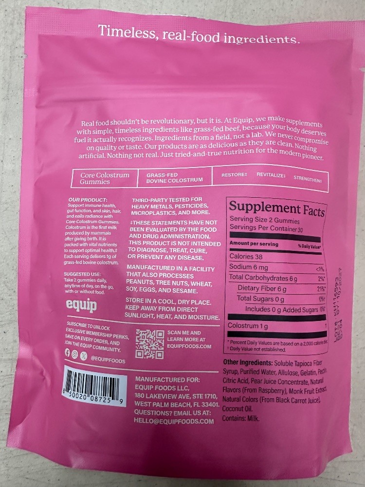 Equip Core Colostrum Gummies Raspberry Grass-Fed Bovine 12.7oz 30 Servings NEW