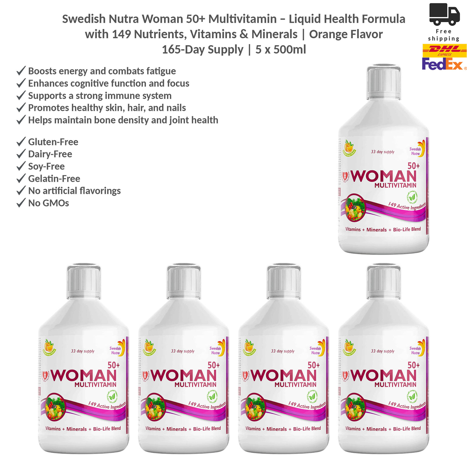 Swedish Nutra Woman 50+ Multivitamin with 149 Nutrients – Orange Flavor 5x500ml