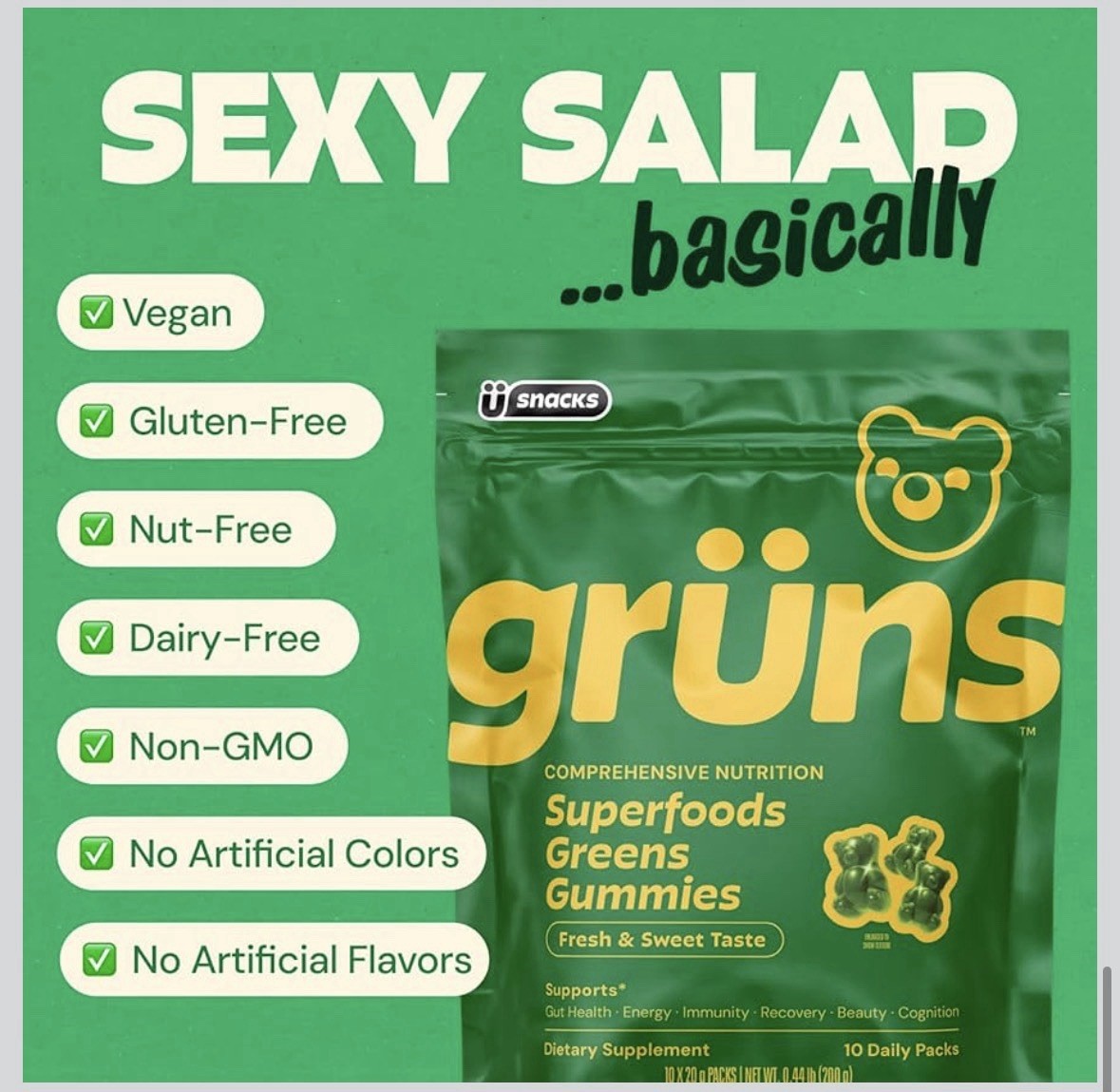 Gruns Adults Superfoods Greens Gummies 10 Daily Packs (10x20g Packs)