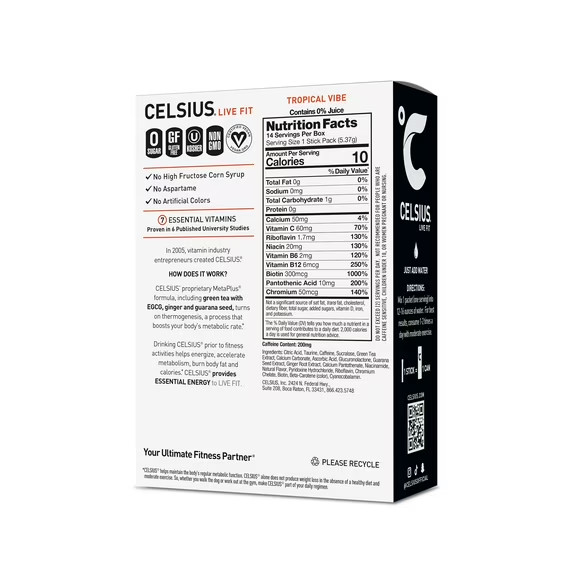 New CELSIUS On The Go Energy Drink Mix, Tropical Vibe (14 Stick Pack)