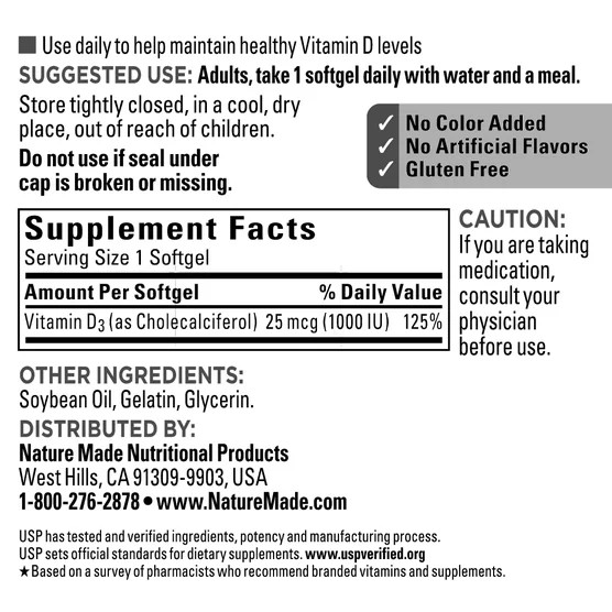 Nature Made Vitamin D3 25mcg 1000 IU, 650 Softgels