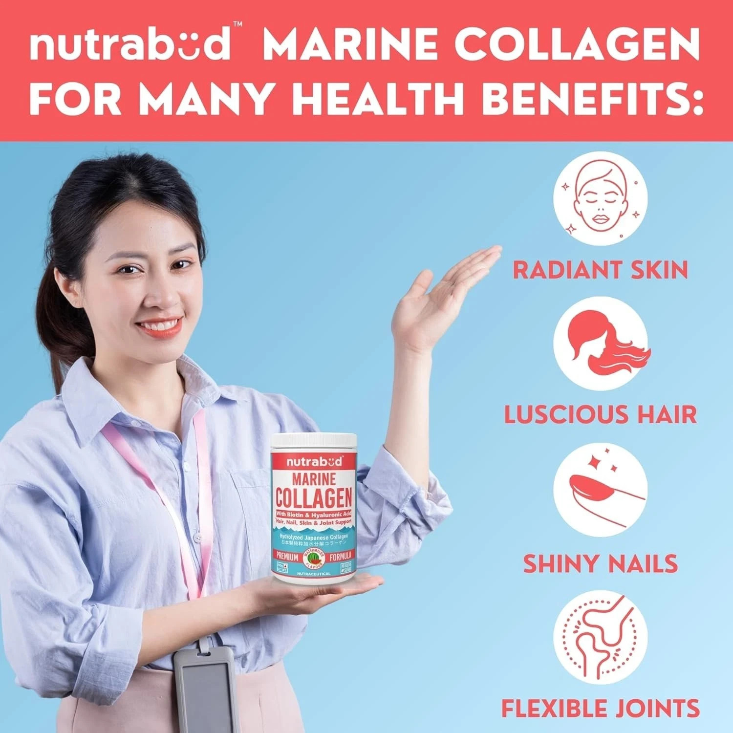 Nutrabud Japanese Marine Collagen Powder 200gm For Hair,Skin & Nails Exp 2028